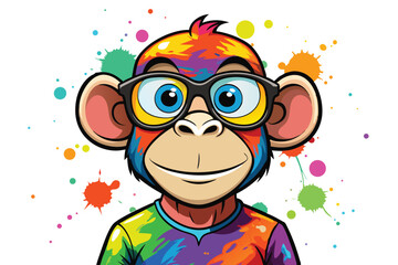 Colorful artistic  monkey  in with eyeglasses  colorful paint splatters on white background