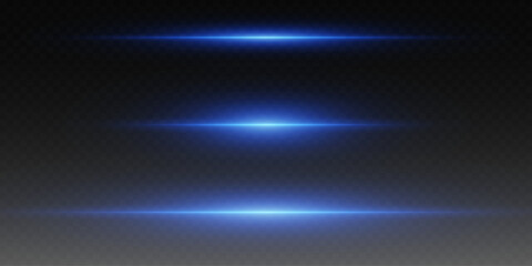 Set of neon blue light horizontal lines. On a transparent background.