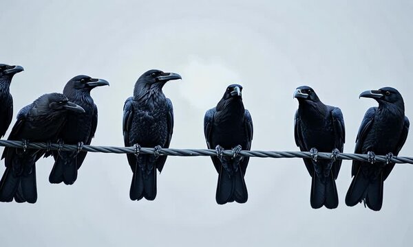 A row of crows perched on a wire against a cloudy sky, creating a haunting atmosphere