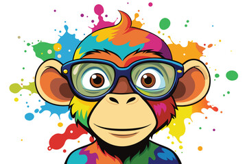 Colorful artistic  monkey  in with eyeglasses  colorful paint splatters on white background