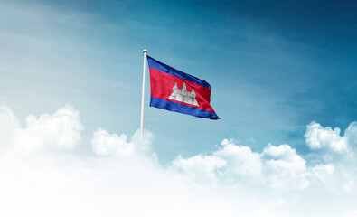 Cambodia national flag with mast waving in beautiful sky. Cambodia flag for Republic Day and Independence Day.