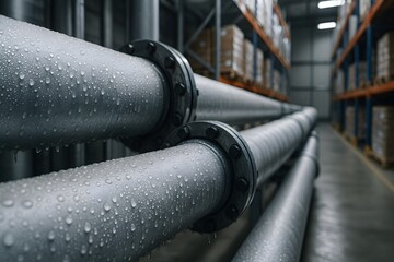 Pipes with droplets in a warehouse setting.