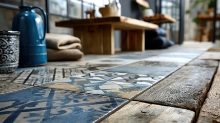 Close-up of Decorative Ceramic and Wooden Floor Tiles in Rustic Indoor Space with Furniture and Natural Light