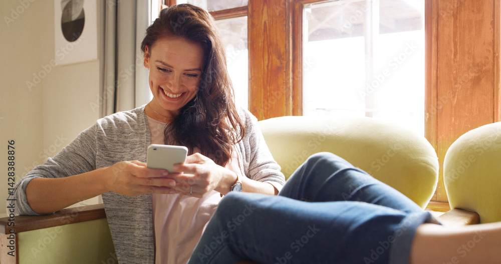 Poster cellphone, relax and woman on sofa typing on mobile app for online dating with connection in home. t