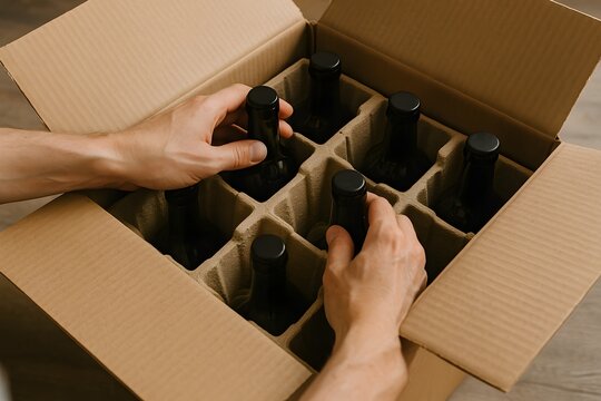 Hands unpacking wine bottles from a cardboard box.