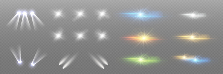Collection of light and flares, flare of light bulbs and stars.