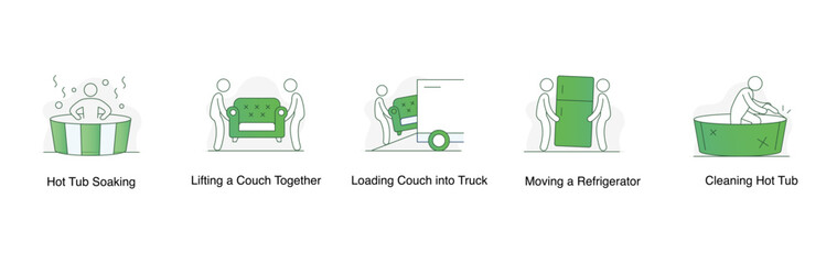 Home Relaxation and Comfort. Hot Tub Soaking, Cleaning Hot Tub, Lifting a Couch Together, Loading Couch into Truck, Moving a Refrigerator