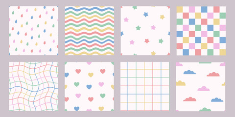 Seamless colorful patterns set with stripes, cells, hearts, stars, drops, waves, clouds. Cute  backgrounds for kids or fabric. Funky hippie fashion textile print, retro background. Vector illustration