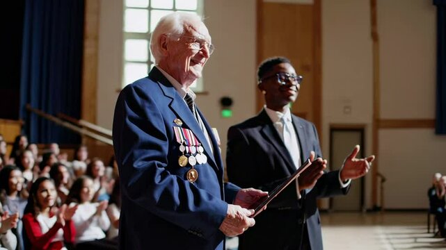 Elderly war veteran proudly wearing his military decorations receives a standing ovation from a diverse group of students and teachers in a school auditorium, while a young man claps his hands