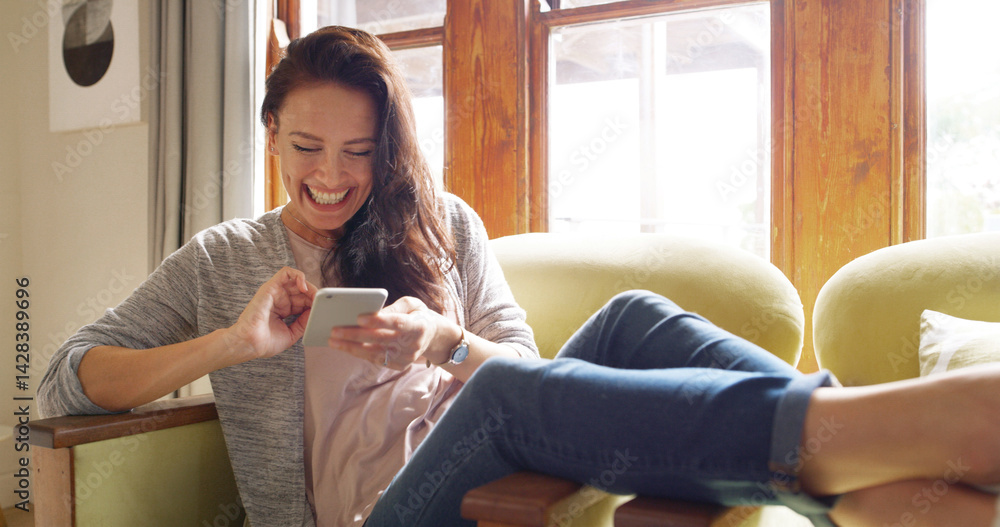 Poster phone, happy and woman on sofa typing on mobile app for online dating with connection in home. techn