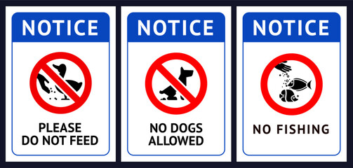 Prohibited label No dog fouling, No fishing, Do not feed birds, forbidding sticker set