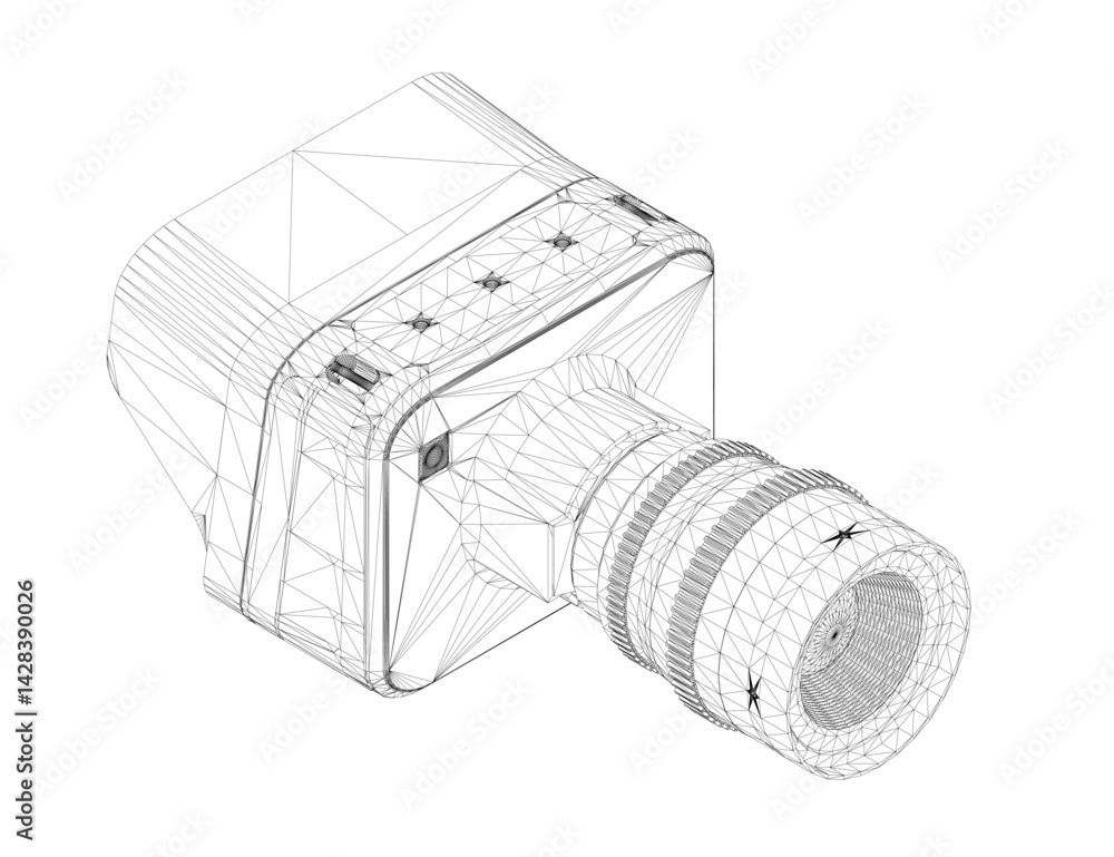 Poster A camera is shown in a drawing with a black and white color scheme. The camera is a small device with a square shape and a lens. The drawing is of a prototype. Isometric view. 3D