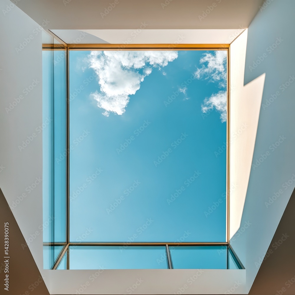 Poster a beautiful view of the sky through a modern architectural skylight. the clear blue sky and soft clo