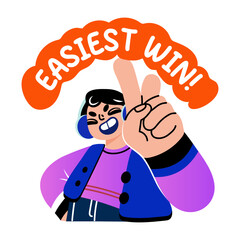 Girl showing happiness of easy win, flat sticker
