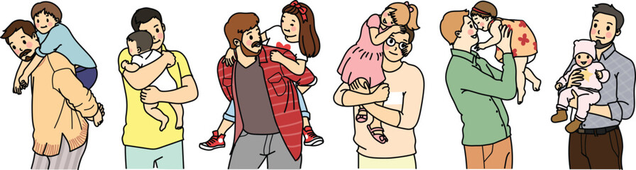 Vector set of father holding his kid and hugging family dad in love with his son daughter illustration, fathers day, daddy love