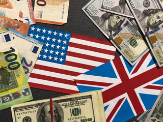 Flag United States America and Great Britain. Symbol cooperation and partnership. Concept political relations