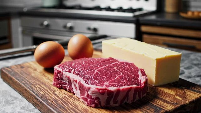 Raw ribeye steak, eggs, and butter sit on a wooden cutting board, embodying the principles of a carnivore or ketogenic diet with a focus on animal products and high protein