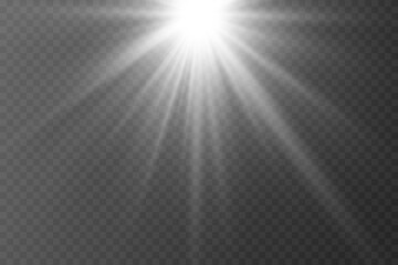 White light lens flare, flash of light rays of light and stars.
