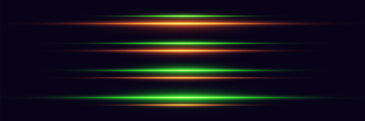 Set of light neon line effects. Horizontal effect of laser light beams.