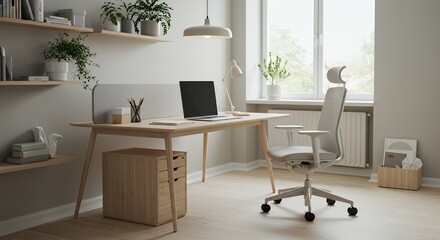 Modern Home Office Workspace Design with Ergonomic Chair and Light Wood Desk