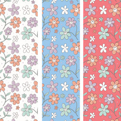 Retro flowers seamless patterns collection for nursery textile prints, kids apparel, wallpaper, bedding, stationery, wrapping paper, digital paper, backgrounds. Spring theme. EPS