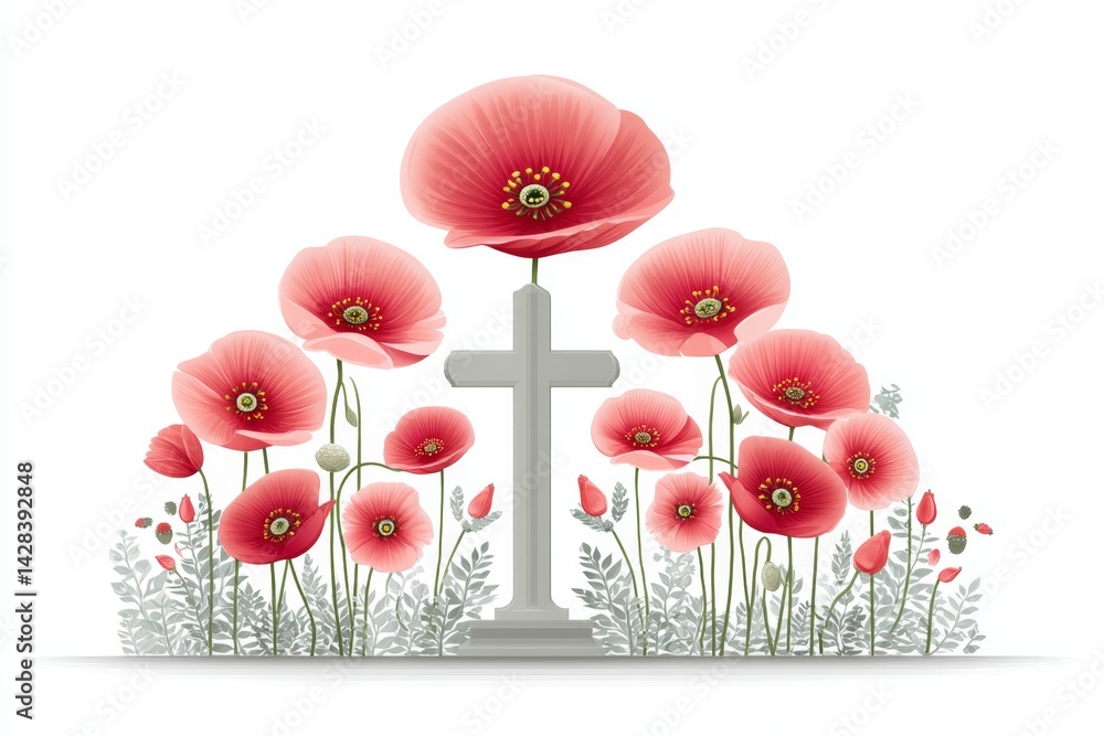 Poster flat design of a military cross and poppy flower with remember and honor written in bold below on wh