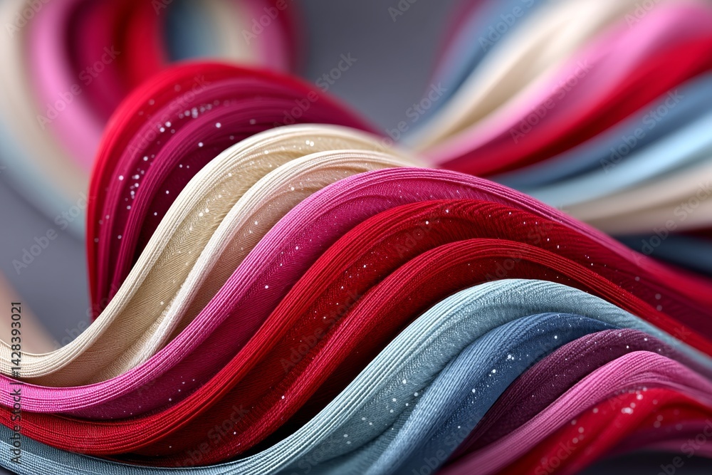 Poster Hyper realistic close-up of a waving fabric in red white and blue with visible threads and glinting light