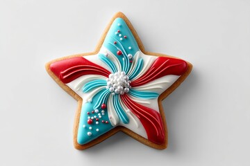 Fototapeta premium Simple 2D illustration of a star-shaped cookie decorated with red white and blue icing on white background