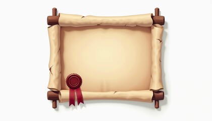 Unfurled parchment scroll with red wax seal in antique style in beige, brown, and red representing an ancient document