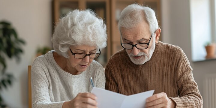 An elderly couple sits in their living room comfortably looking at a brochure about reverse mortgages. The man wears glasses and points to the brochure, and the woman nods