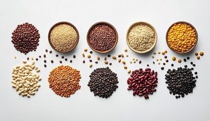 The wooden bowls are filled with beans, some of which are scattered on a white background with green leaves.