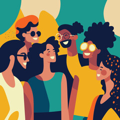 Diverse group of friends enjoying a joyful moment in a modern flat design, celebrating friendship in vibrant colors and styles