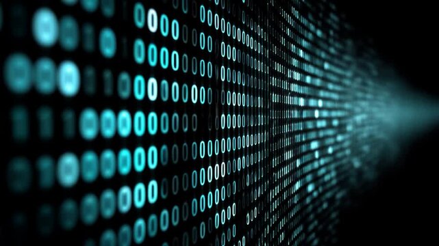 Binary Code Stream in Perspective Moving in Digital Space