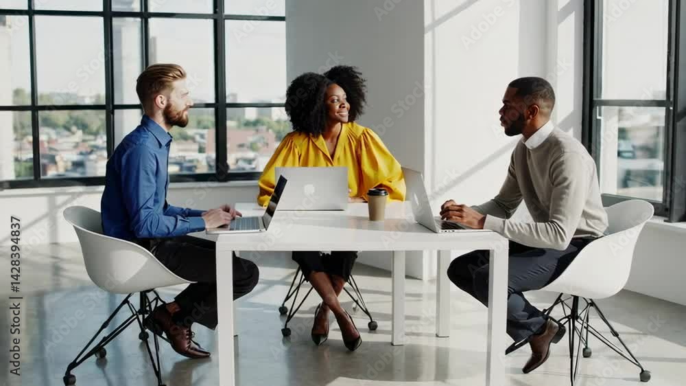 Poster Young entrepreneurs analyzing business strategy, collaborating intensely while discussing project goals in bright, modern office space with natural light and city view