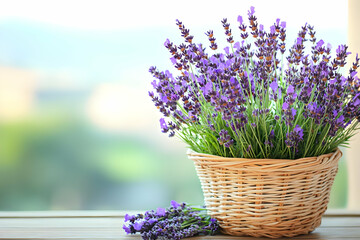 Fototapeta premium Lavender Blooms in Rustic Basket Near Window