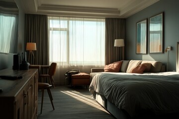 Sunlit Modern Hotel Room: Serene Coastal View