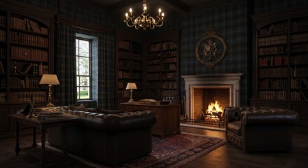 Cozy and Luxurious Library with Fireplace, Bookshelves, and Leather Furniture