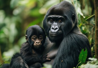 Fototapeta premium Majestic Gorillas Tenderly Interacting in Lush Green Habitat, Showcasing Bond Between Adult and Infant in Pristine Nature Scene