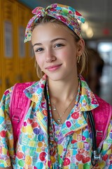 Fototapeta premium A cheerful school nurse stands confidently in a vibrant outfit embodying care and compassion