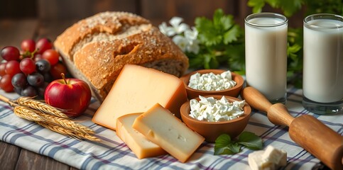  a visually warm and inviting scene that celebrates the Jewish holiday of Shavuot. Arrange traditional Shavuot foods.