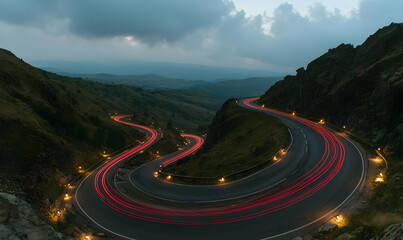 Serpentine Mountain Road at Dusk with Light Trails