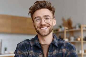Obraz premium Smiling Caucasian Man Wearing Glasses in a Kitchen