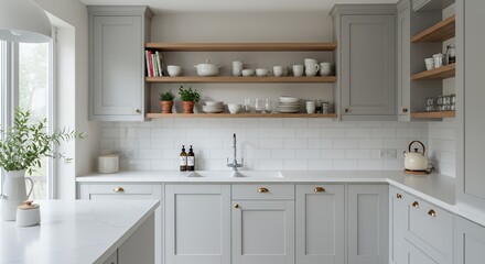 Elegant Grey Kitchen Interior Design with Wooden Shelves and Brass Hardware