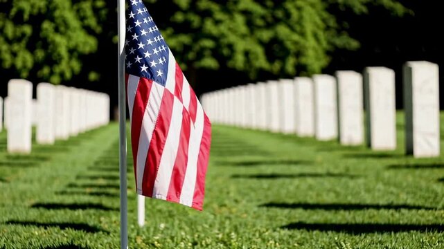 White tombstones standing solemnly across green fields, american flags waving gently, commemorating military service members who sacrificed ultimate commitment to national freedom