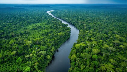Obraz premium Majestic aerial view of pristine rainforest with winding river and lush canopy under a cloudy sky, showcasing the beauty of untouched nature landscape