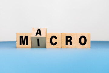 flip wooden blocks with macro and micro words text on blue and white background