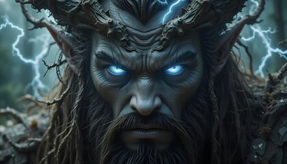 Mystical Forest Creature with Glowing Eyes and Lightning in Background