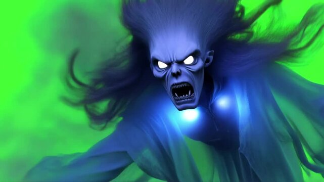 scary ghost flying on green screen