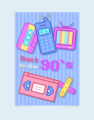 Retro poster back to the 90s in pixel style on blue background