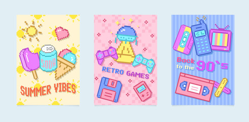 Set of three retro posters in pixel style